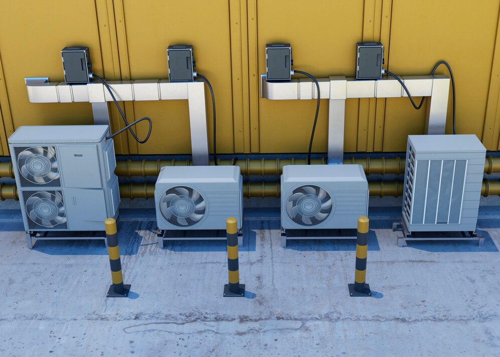 Commercial HVAC units installed outside a building