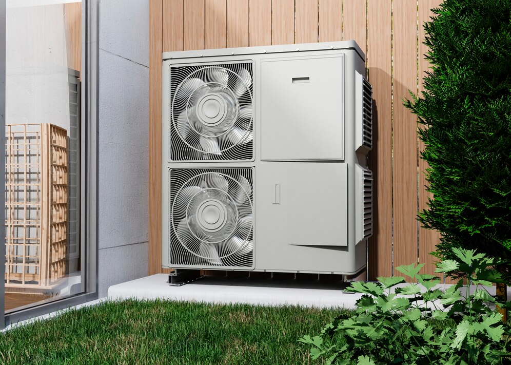 Outdoor HVAC heat pump unit installed beside a home