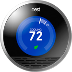 Nest smart thermostat displaying a 72-degree cooling setting