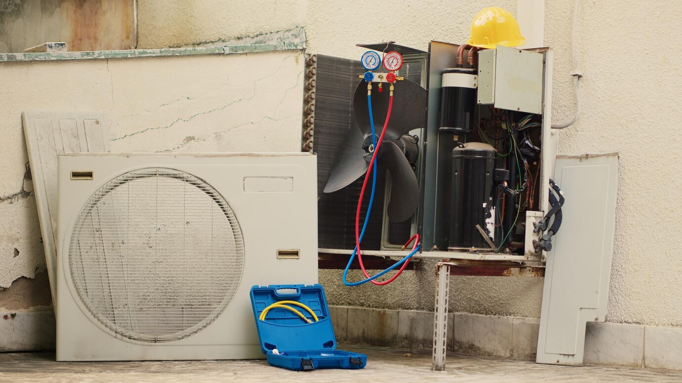 HVAC technician repairing an air conditioning unit in Plainwell, Michigan